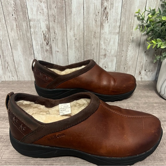 L.L. Bean Brown Leather Loafers Slip-Ons Shearling Lined 6 - Picture 1 of 7
